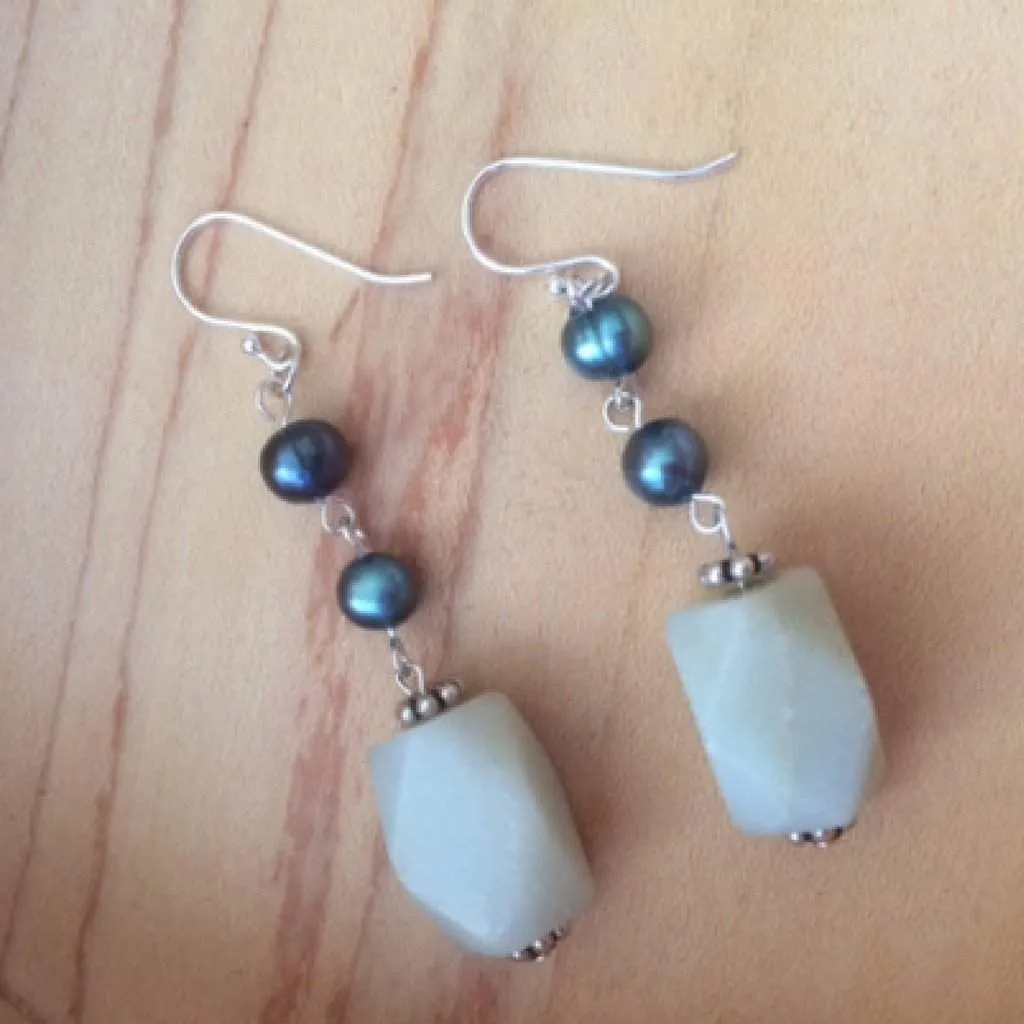 Amazonite and Blue Potato Pearls Dangle Earrings