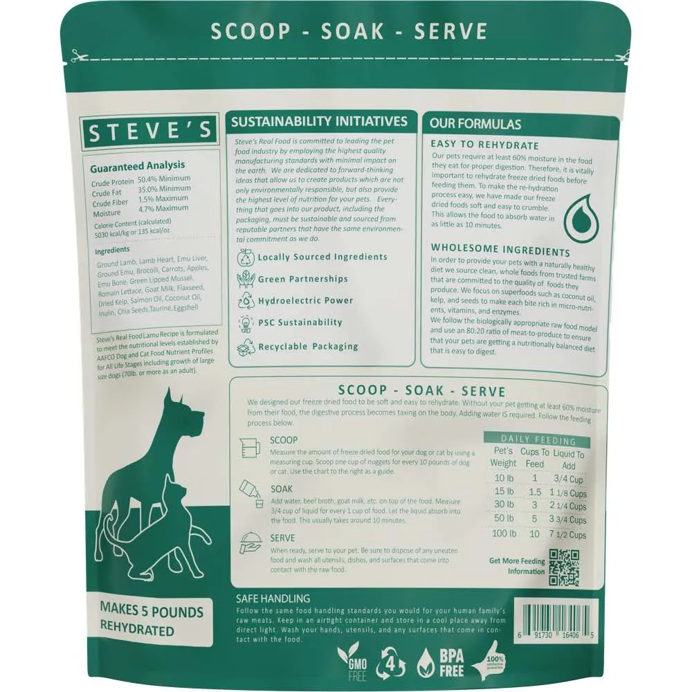 'BUNDLE DEAL FREE WIPES': Steve's Real Food Lamu Grain-Free Freeze-Dried Raw Food For Cats & Dogs 20oz