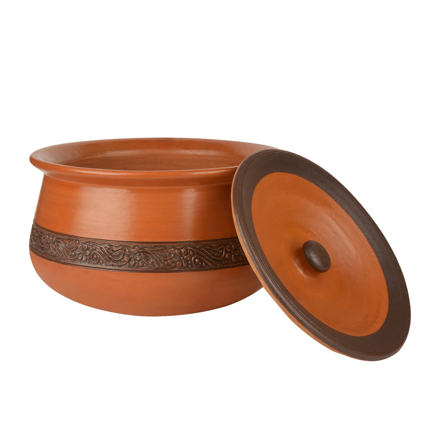 Handcrafted Ornately Designed Earthenware Handi with Lid (Brown, 2 Litre)