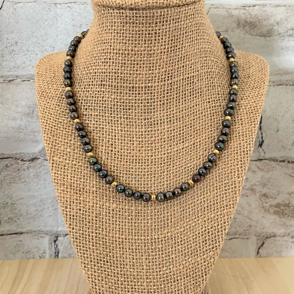 Mens Dark Peacock Potato Pearl Beaded Necklace